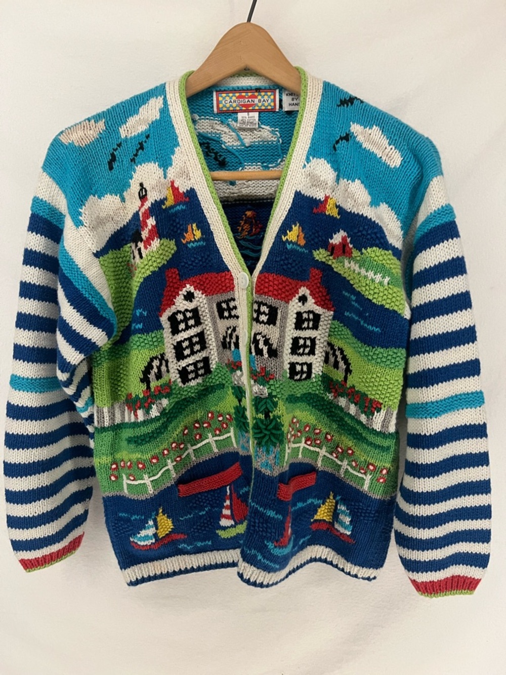 Vintage Cardigan Bay Nantucket Seaside Hand Knit Cardigan Sweater Size S
